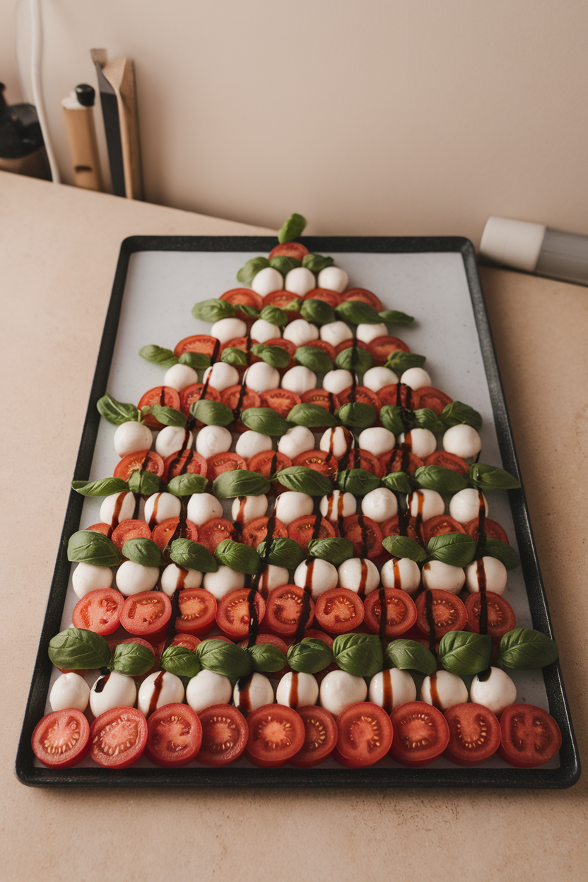 Photo of an indoor rectangular platter arranged with rows of tomato slices, mozzarella rounds, and basil leaves forming a tree shape, balsamic drizzle as garland. No text or logos anywhere.