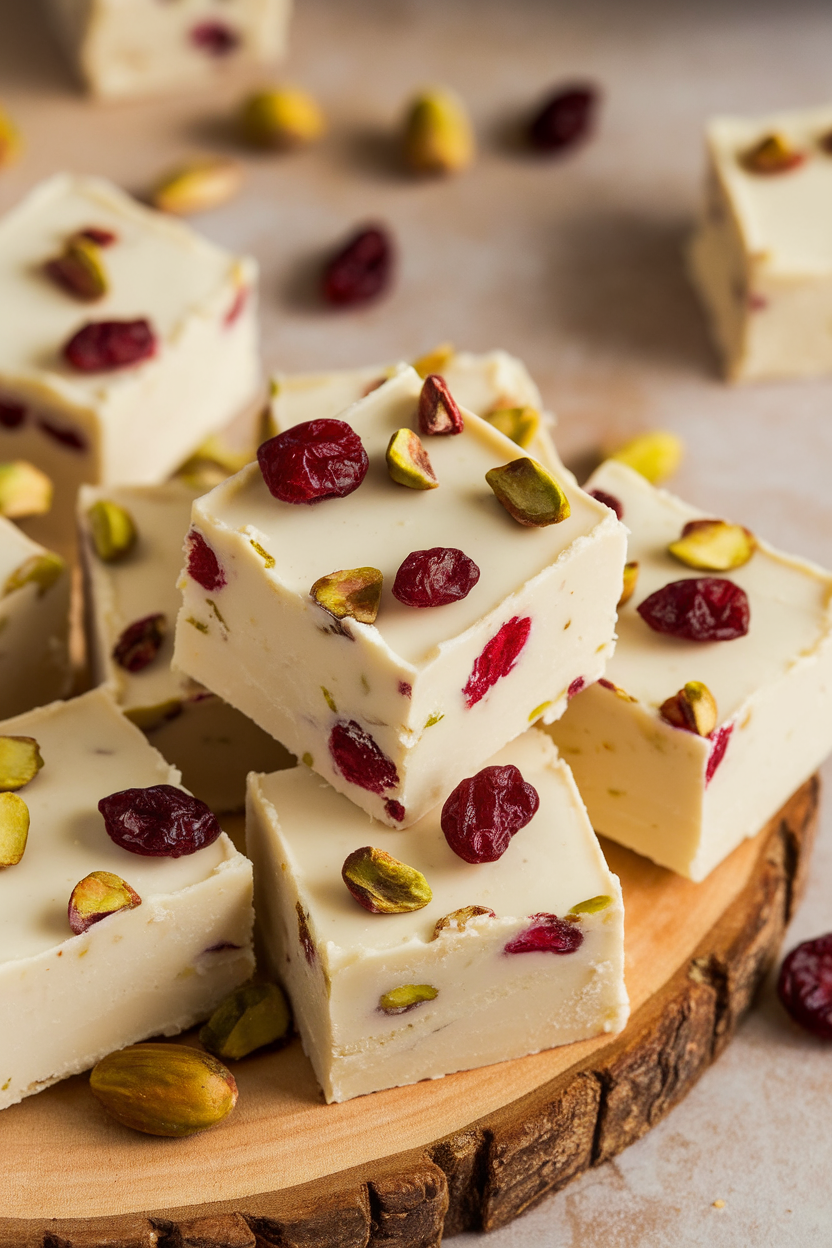 An indoor close-up of square pieces of white chocolate fudge dotted with dried cranberries and pistachios; neutral background, no logos. Photo, not illustration.