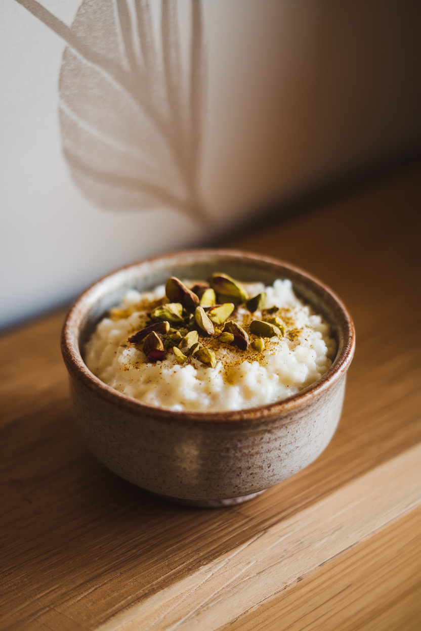 A small ceramic bowl indoors of creamy rice pudding topped with crushed pistachios and a dusting of cardamom. Photo, no text or logos.