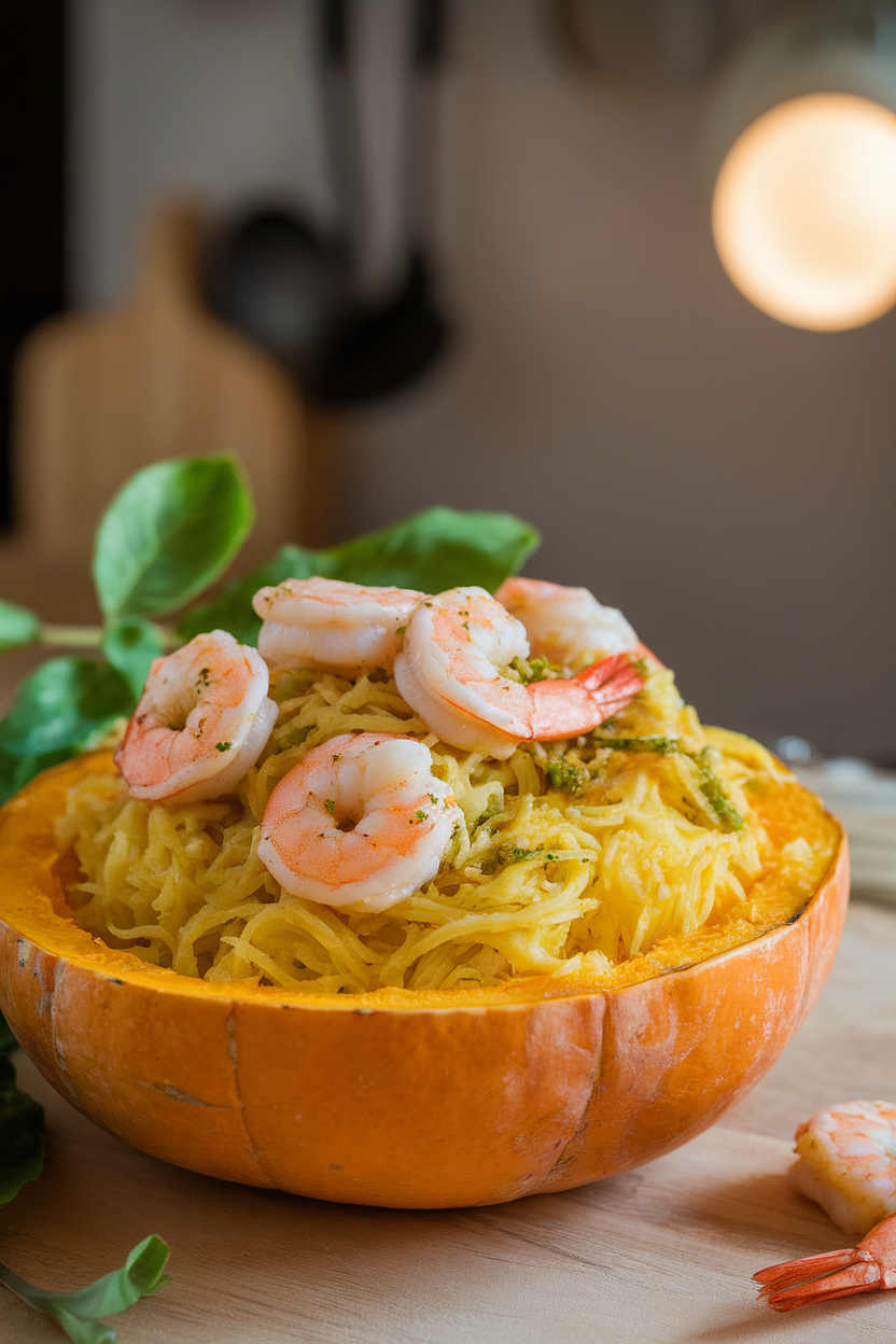 Halved spaghetti squash strands tossed with cooked shrimp and basil pesto in a bowl indoors, no text or logos.