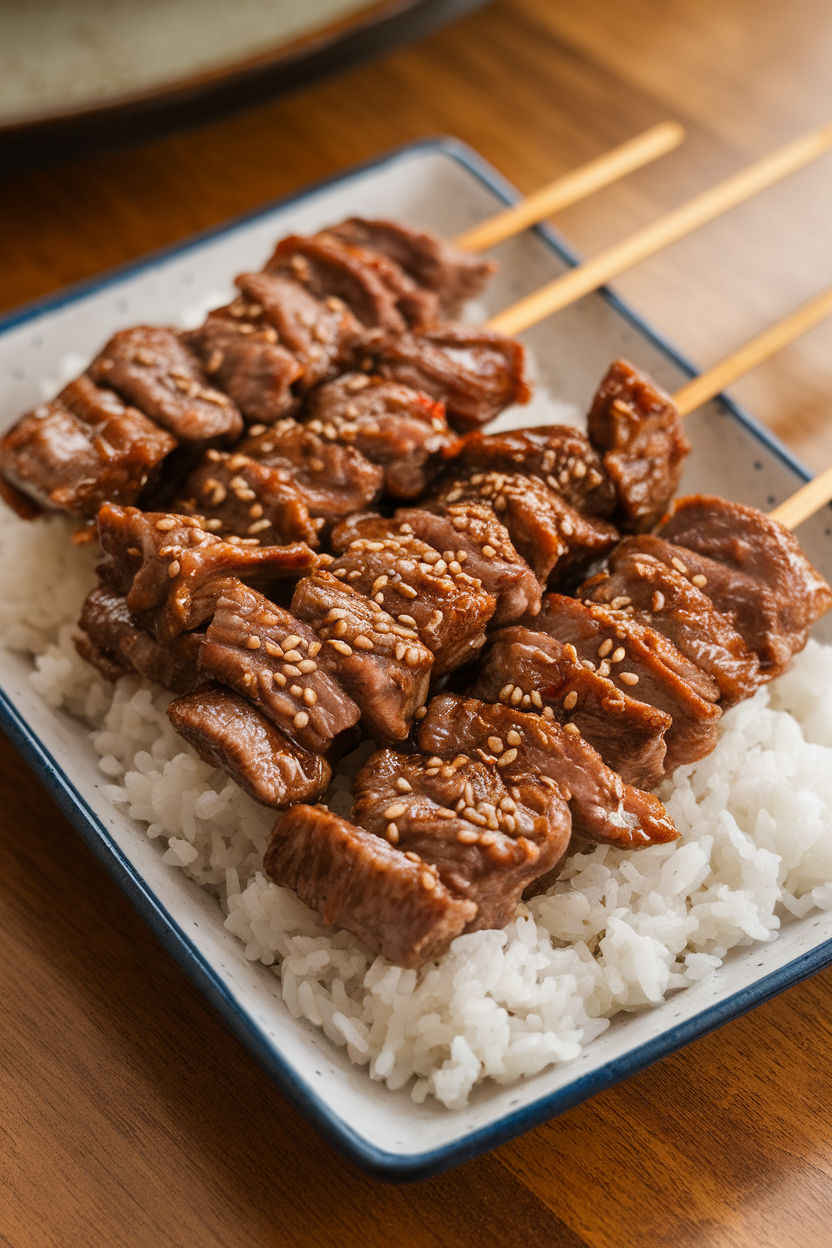 An indoor rectangular plate presenting short bamboo skewers threaded with glazed cooked bulgogi beef strips, sesame seeds sprinkled, no logos.