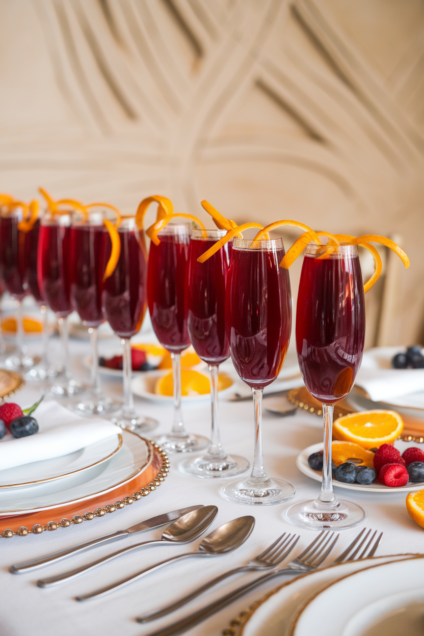 Indoor brunch table lined with champagne flutes filled with deep red cranberry mimosas, orange twists floating. No text or logos. Photo only.