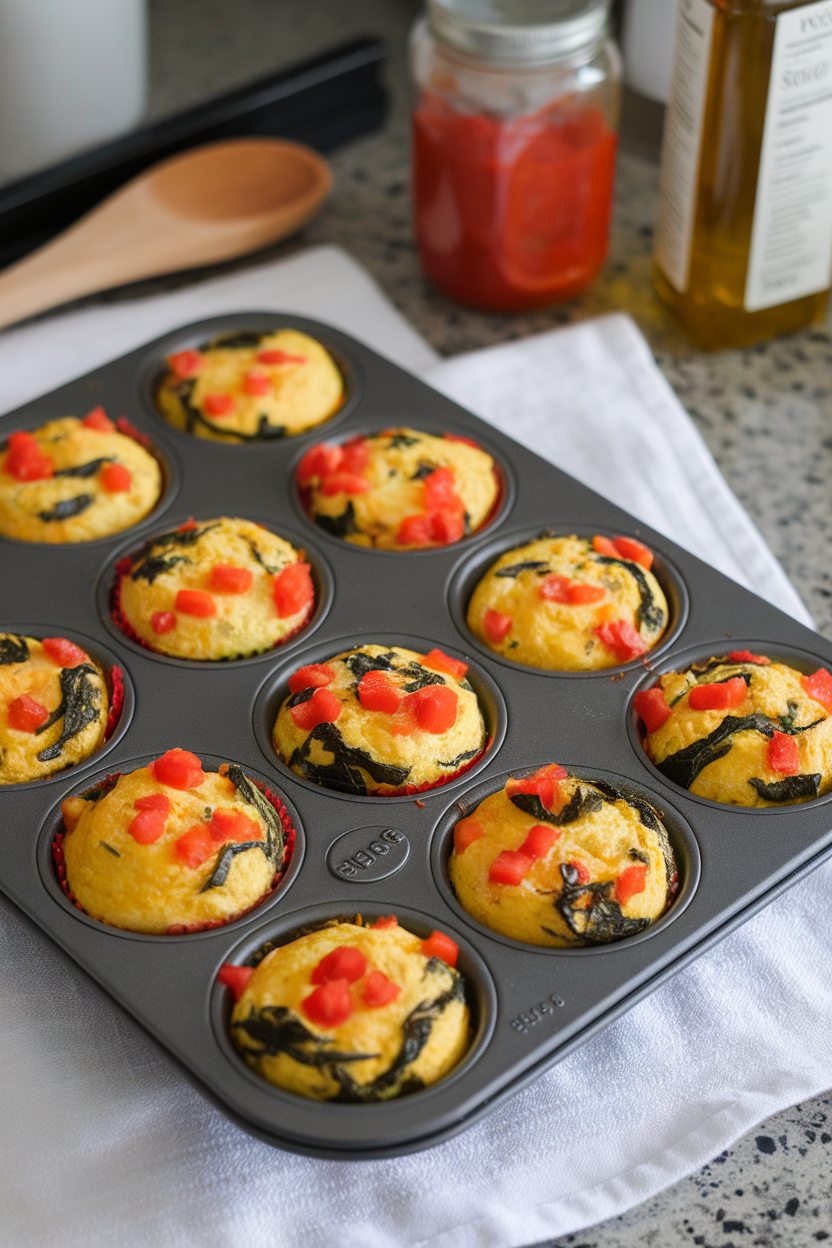 Photo of colorful egg muffins in a non-stick muffin tin, diced bell peppers and spinach peeking through, set on an indoor countertop. No text or logos. Photo, not illustration.