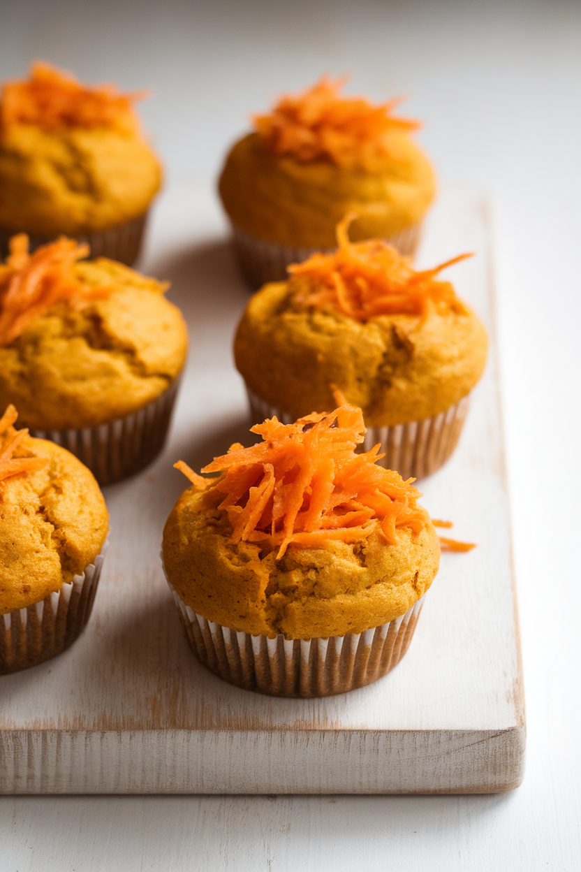 Indoor photo of golden turmeric muffins with grated carrot visible, set on a white wooden board, no text or logos