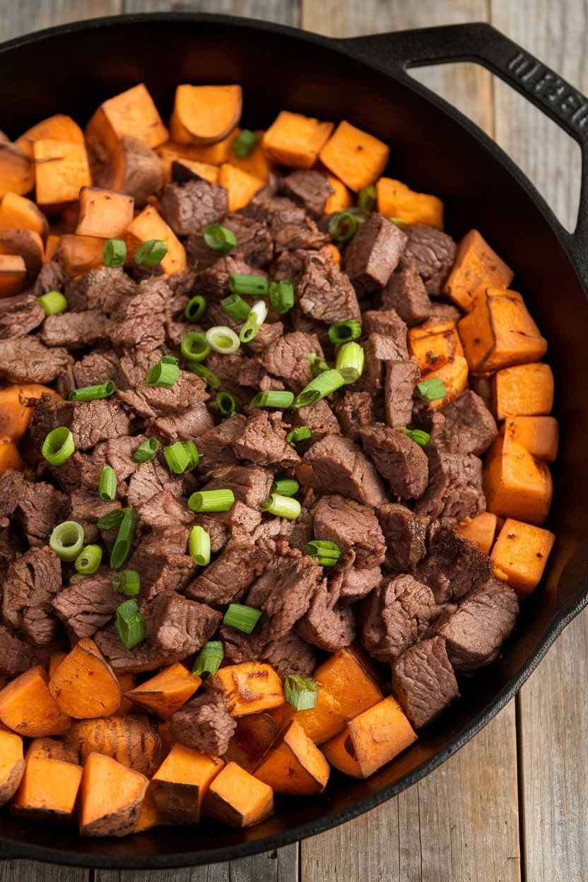 Indoor cast-iron skillet filled with cubed roasted sweet potatoes and chipotle-seasoned beef, garnished with green onions—no text or logos.
