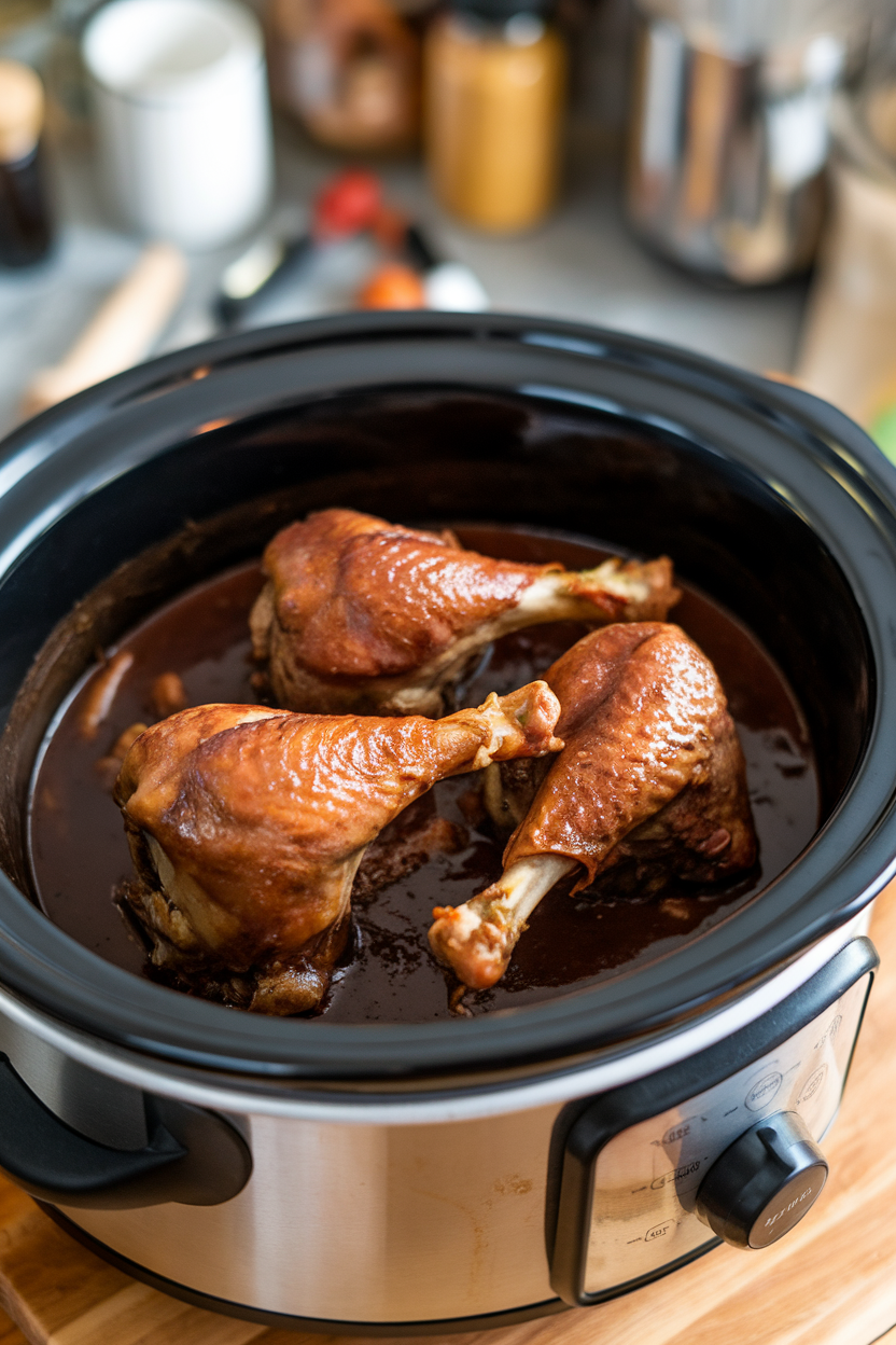 Indoor countertop view of braised turkey legs resting in rich gravy inside a slow-cooker insert; no text or logos.