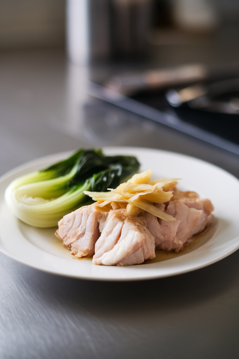 A white plate on an indoor countertop showing flaky cooked cod topped with ginger strips and steamed bok choy on the side. Photo, no text or logos.