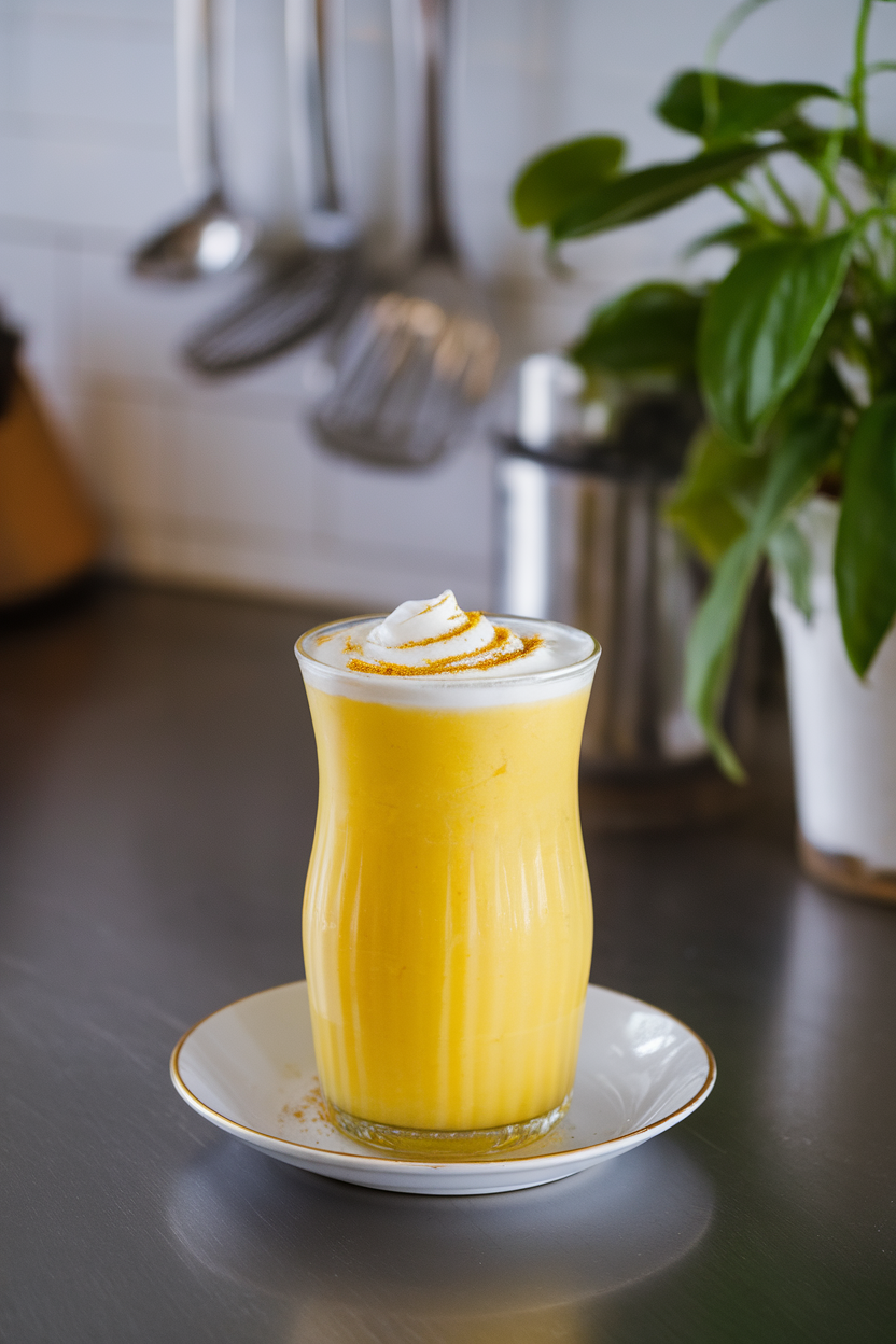 Indoor kitchen counter featuring a tall glass of bright orange mango lassi, faint swirl of yogurt on top, and a sprinkle of ground cardamom. Photo, no text or logos.