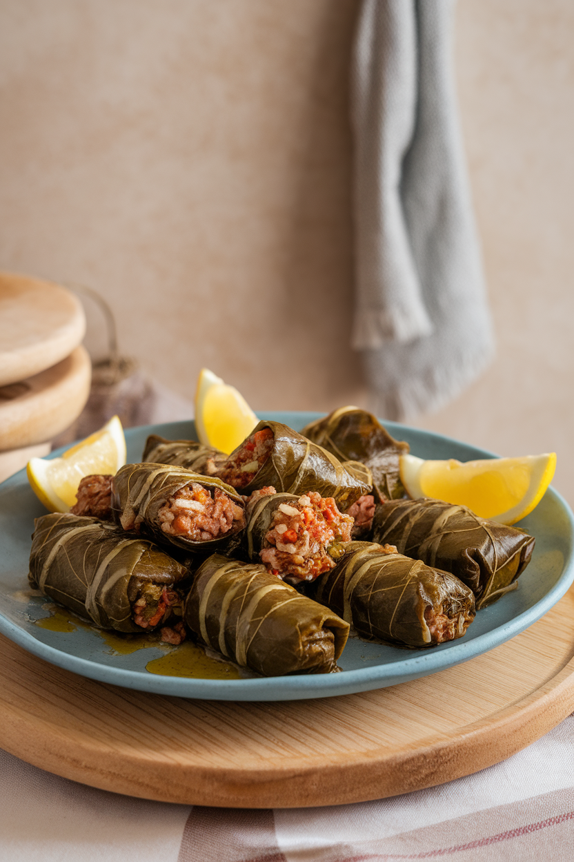 Indoor photo of a shallow plate of dolmas drizzled with olive oil and lemon wedges on the side. No text or logos.