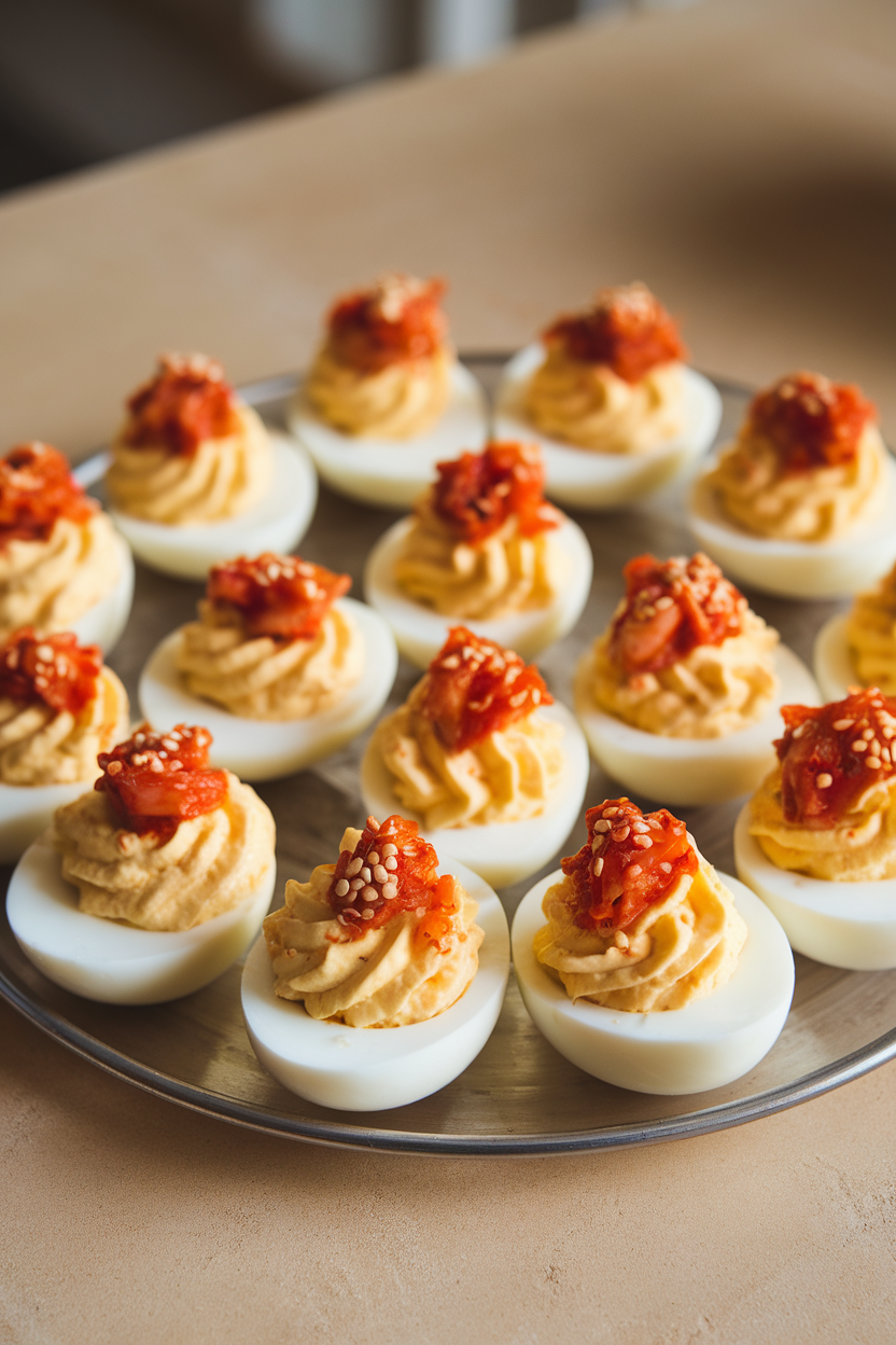 A platter indoors of deviled eggs topped with small kimchi pieces and sesame seeds, no logos or text. Photo only.