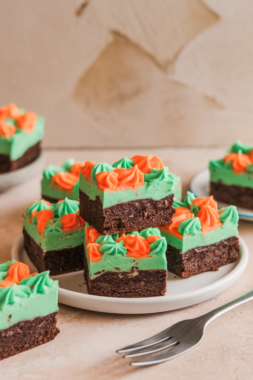 Brownie squares with neon orange and green cheesecake swirls on top, indoor image, no text or logos.
