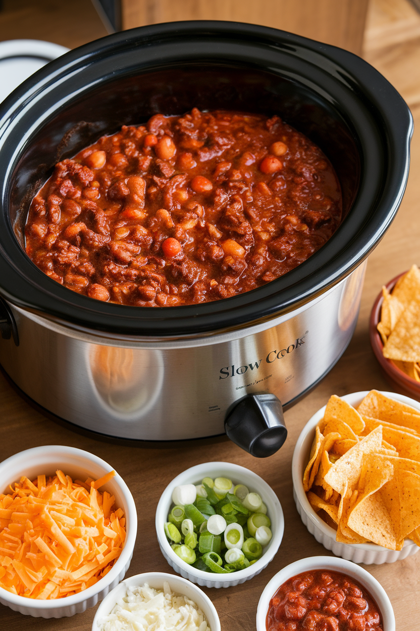 Indoor photo of a slow cooker full of hearty beef chili, surrounded by small bowls of shredded cheese, green onions, and tortilla chips. No text or logos visible.