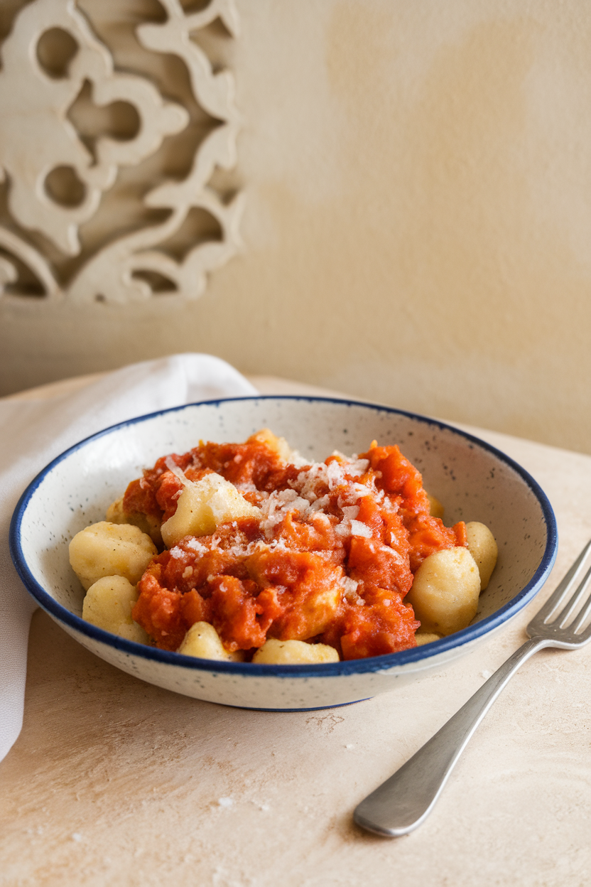 An indoor table setting showing a bowl of pan-seared cauliflower gnocchi coated in chunky tomato basil sauce, sprinkled lightly with grated Parmesan. No text or logos. Photo.