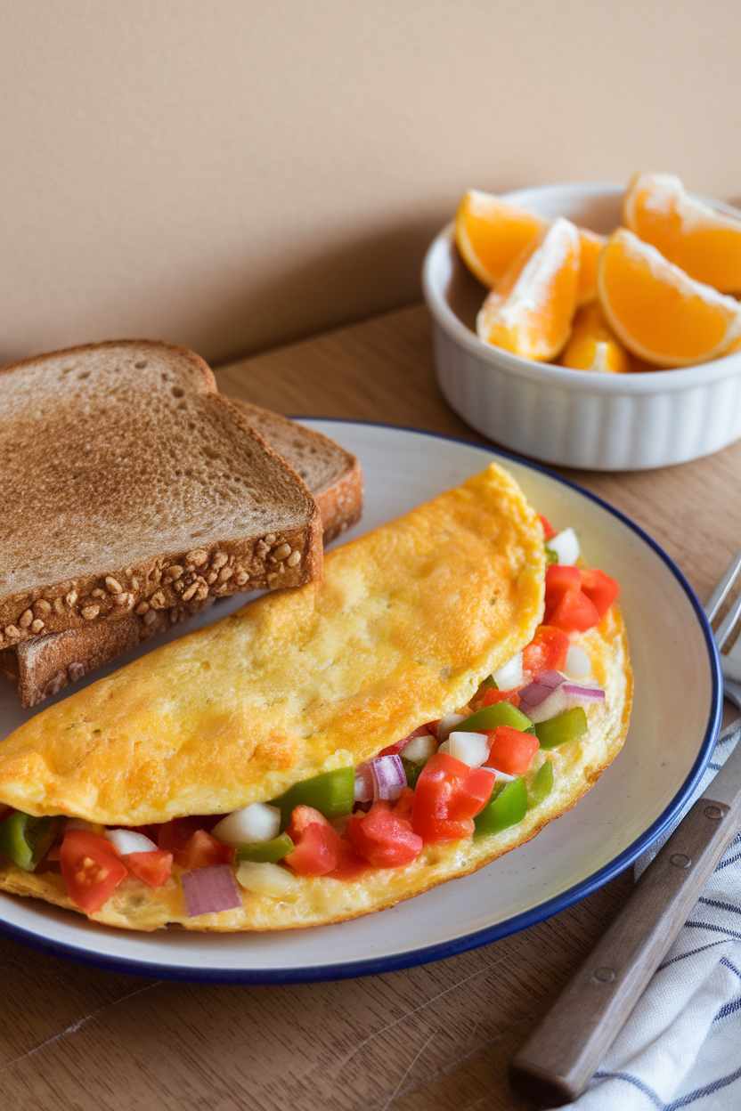 Indoor breakfast scene showing a hearty veggie omelet, whole-grain toast, and fresh orange segments on a plate, no text or logos. Photo.