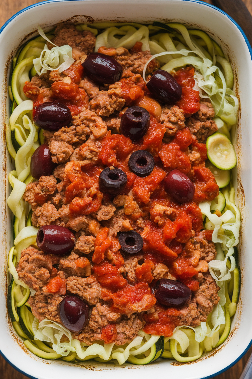 Photo of a casserole filled with zucchini noodles, ground turkey, olives, and chunky tomato sauce, baked indoors, no branding.