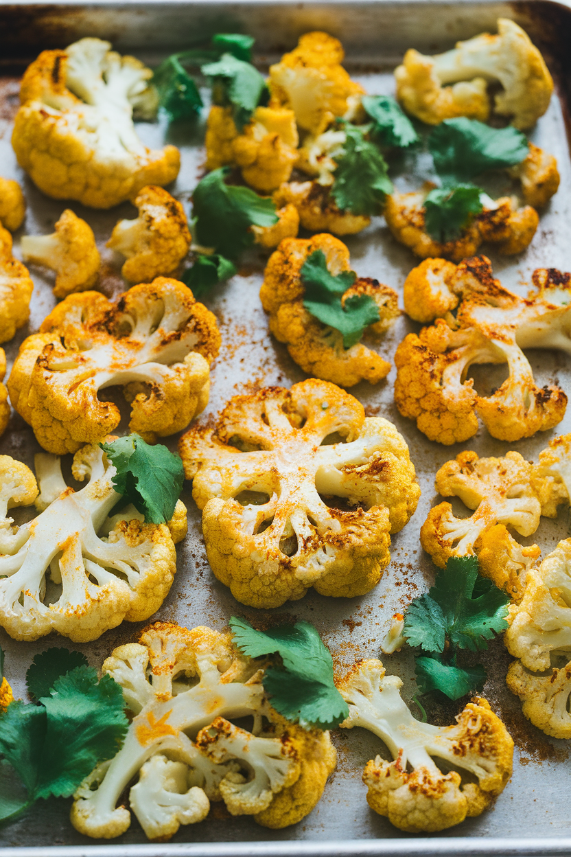 An indoor baking sheet with thick cauliflower slices roasted golden, dusted with turmeric and cumin, garnished with cilantro leaves. No text or logos. Photo only.