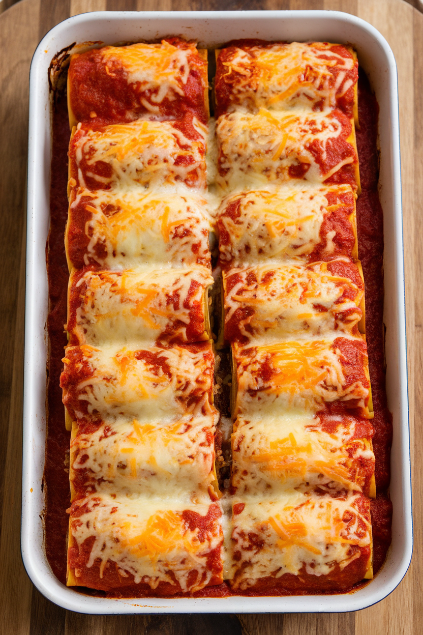 An indoor baking dish of neatly aligned lasagna roll-ups, cheese bubbling over the edges. No text or logos visible. Photo only.