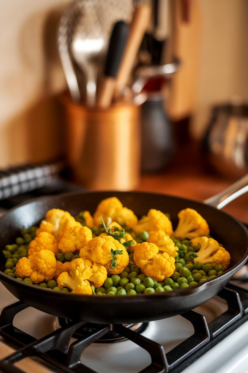 Photo prompt: An indoor skillet view of golden turmeric cauliflower florets with green peas, placed on a stovetop. No text or logos present.