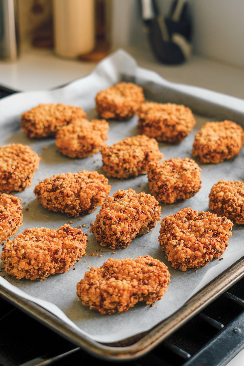 An indoor baking sheet lined with parchment holding quinoa-crusted chicken nuggets, golden and crunchy. No text or logos.