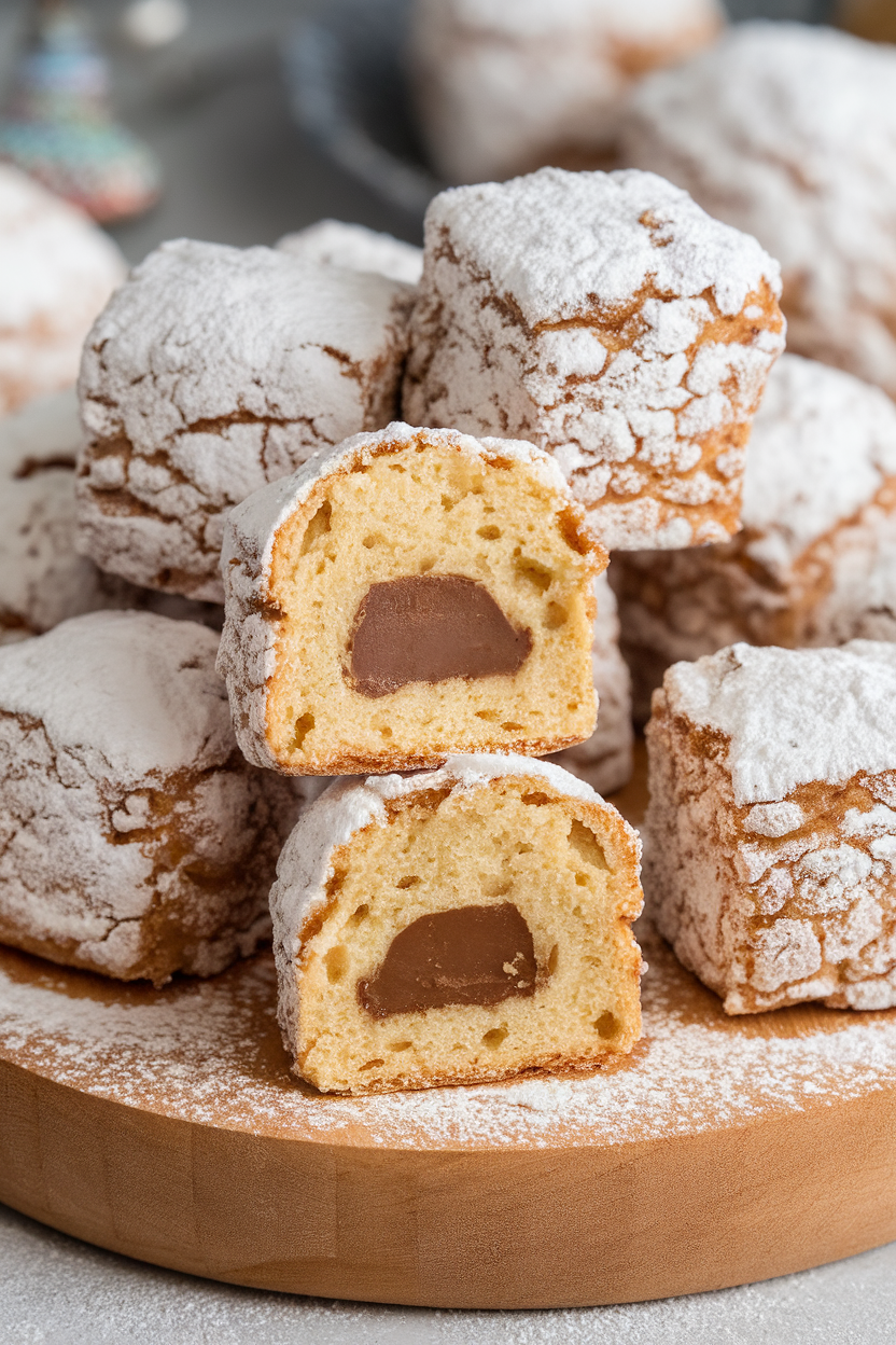 Indoor image of bite-size stollen cubes coated in powdered sugar, marzipan center visible in one cut-open piece; no text or logos.