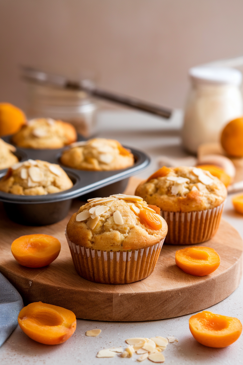 Indoor photo of apricot almond muffins with diced dried apricots and almond slivers, neutral background, no text or logos