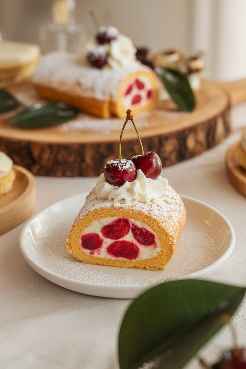 An indoor dessert platter showing a rolled sponge slice with bright cherry filling and champagne cream, powdered sugar dust on top. No text or logos. Photo, not illustration.