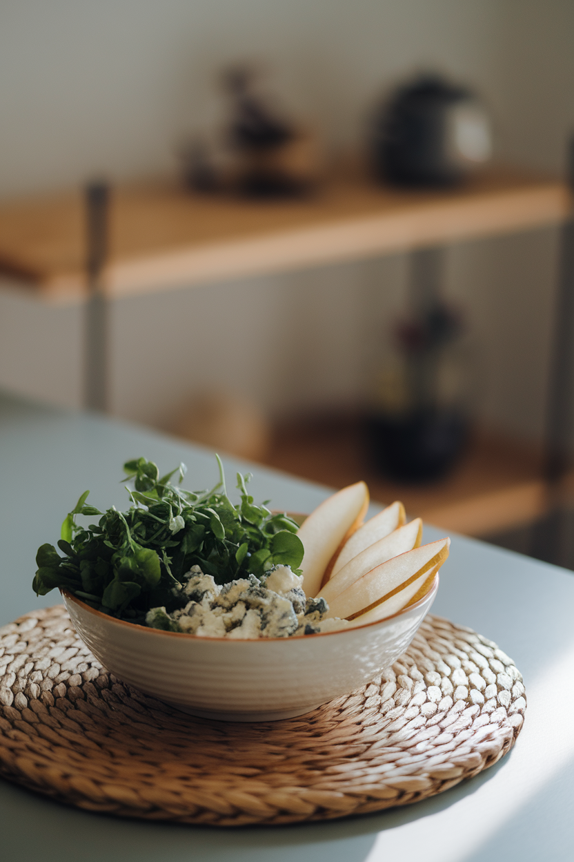 A softly lit indoor table with a white porcelain bowl containing watercress sprigs, thin pear slices, and crumbled blue cheese. No visible text or logos. Photo.