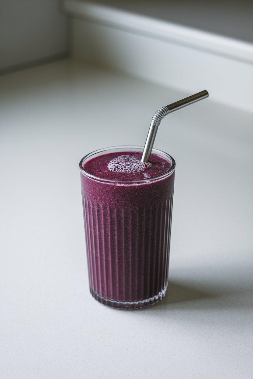 An indoor countertop showing a tall glass of deep purple smoothie with a metal straw and a tiny splash of foam on top. No text or logos.