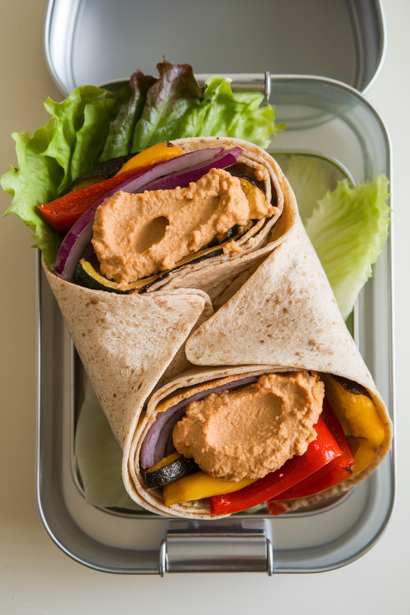 An indoor lunchbox containing a whole-grain wrap stuffed with roasted vegetables and hummus, sliced diagonally. Photo, no text or logos.