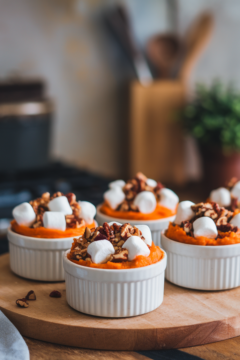 Indoor photo of individual ramekins holding mashed sweet potatoes topped with mini marshmallows and pecan crumble, lightly toasted. No text or logos.