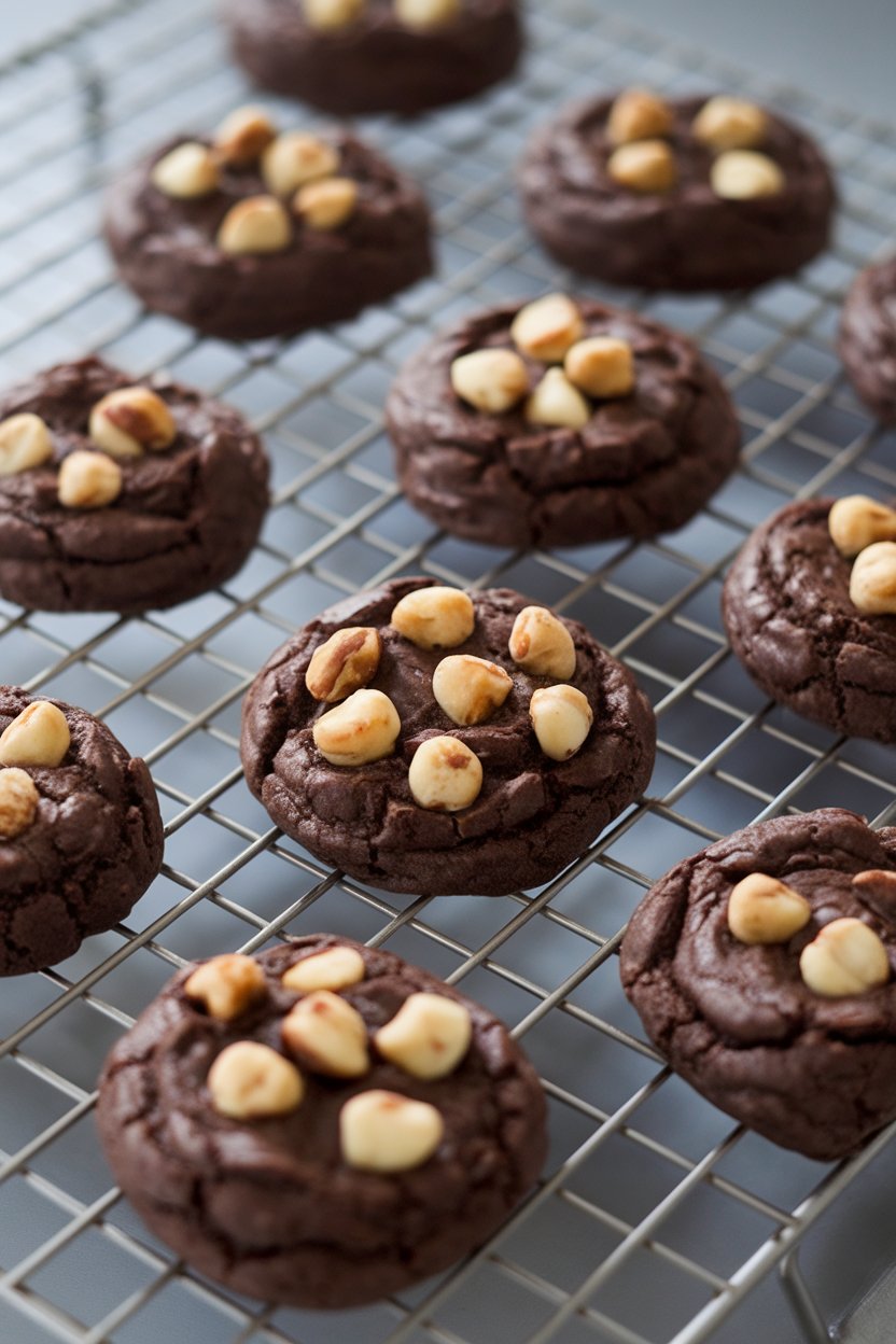 Photo prompt: Dark chocolate-hazelnut protein cookies cooling on a rack indoors, no text or logos.