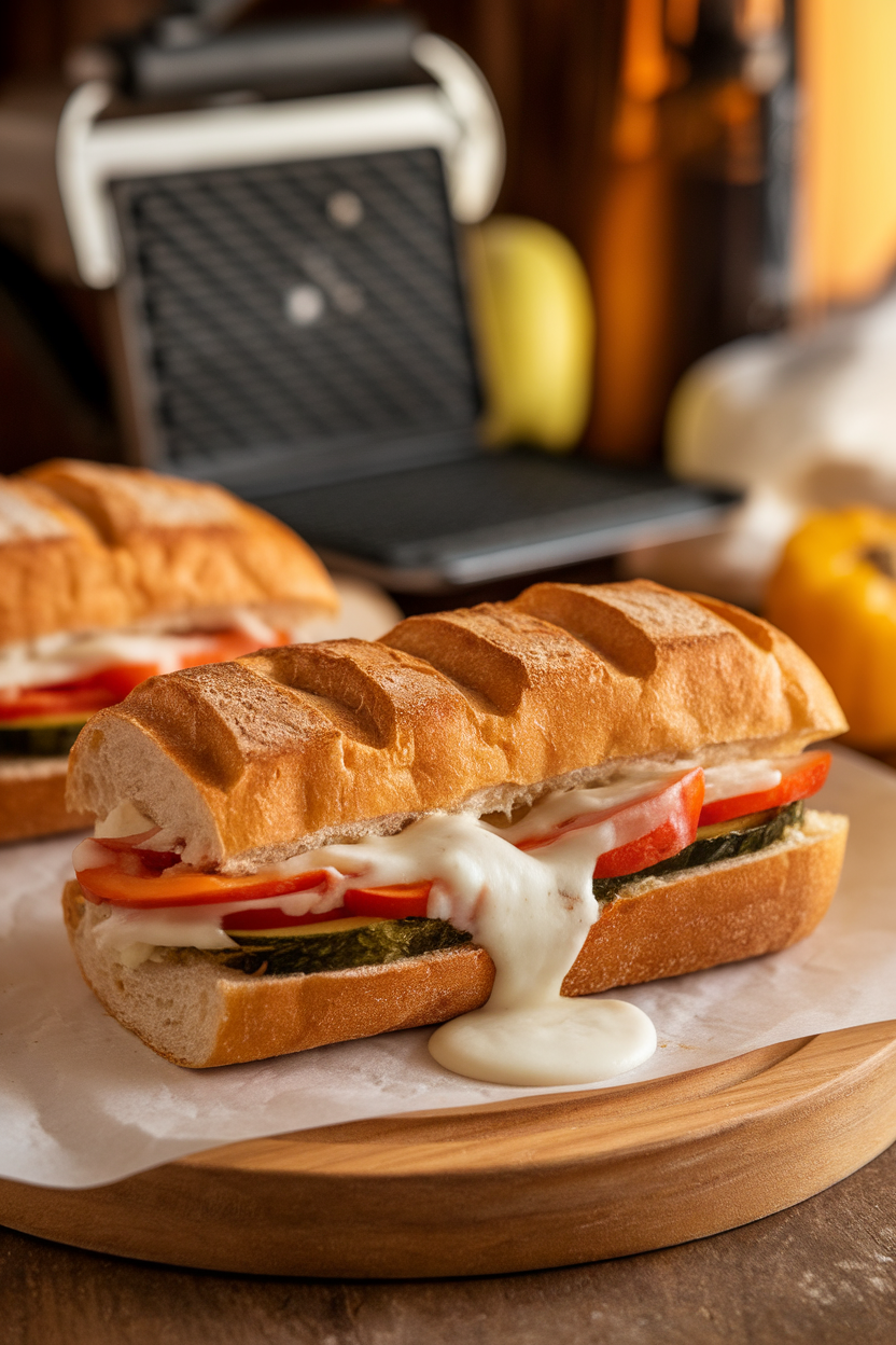 An indoor panini press scene with a golden sourdough sandwich oozing roasted vegetables and melted mozzarella, grill marks visible. No text or logos.