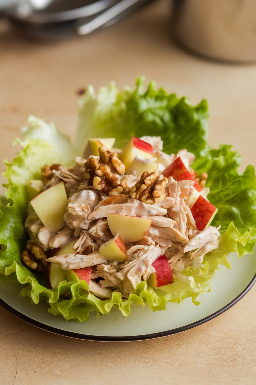 An indoor platter with crisp butter lettuce leaves holding apple walnut chicken salad. No text or logos; photo only.