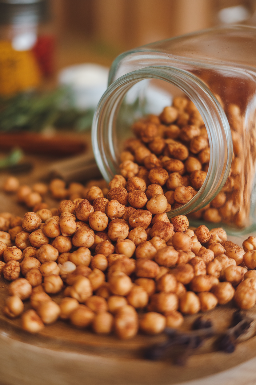 A glass jar indoors spilling out crunchy roasted chickpeas dusted with cinnamon. Photo, no text or logos.