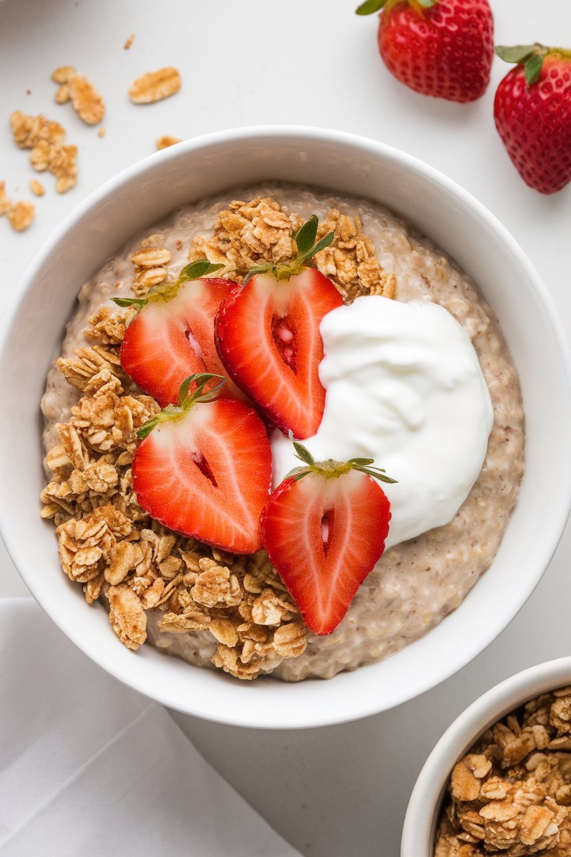 Indoor dessert-style plating of oatmeal topped with sliced strawberries and a dollop of Greek yogurt, crumbs of graham-style granola nearby. No text or logos. Photo.