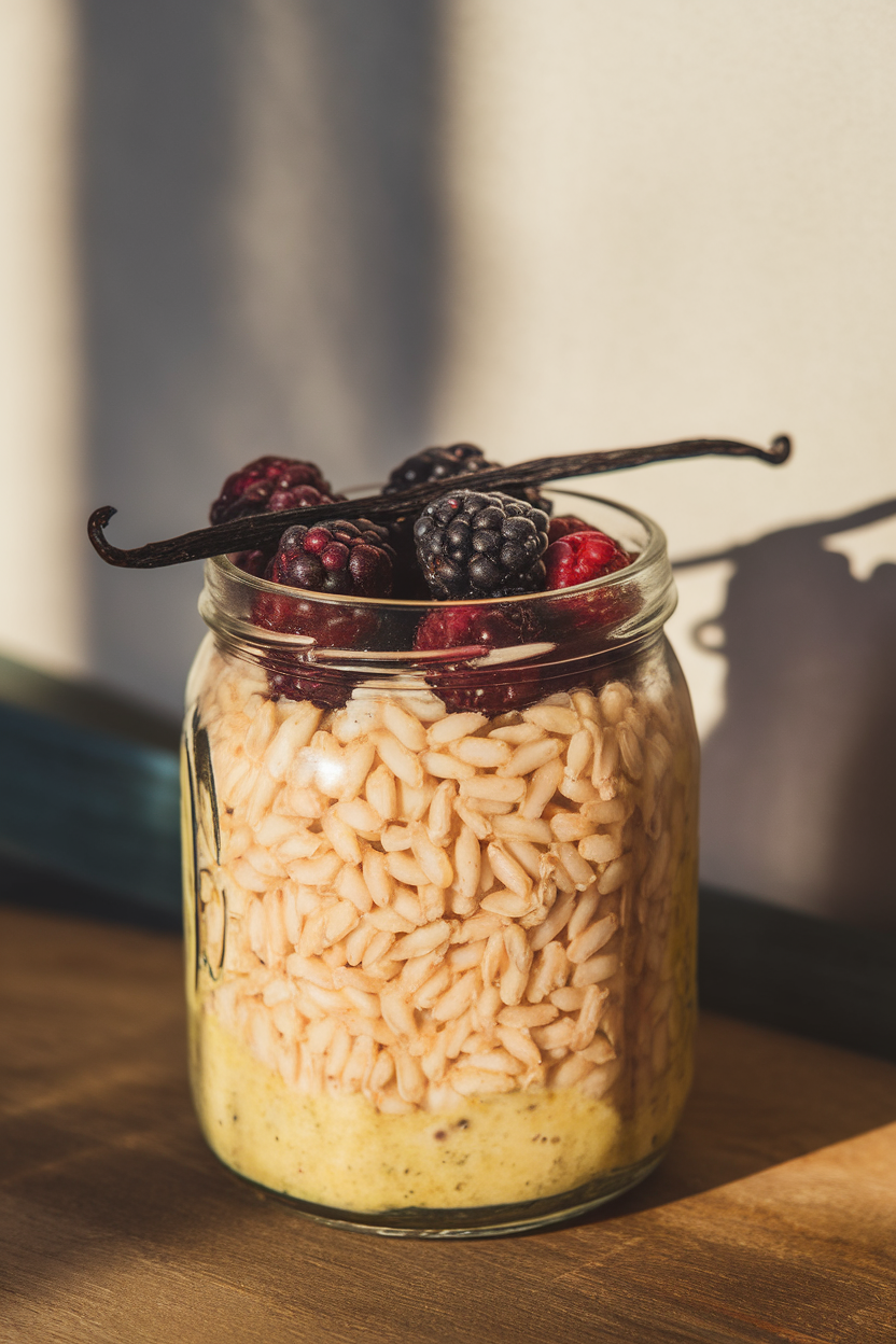 An indoor close-up of a glass jar filled with creamy overnight farro topped with blackberries and a vanilla bean speck. Photo, no text or logos.