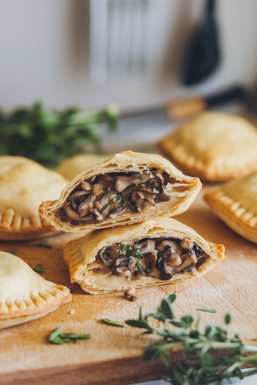 An indoor cutting board with flaky hand pies cut in half to reveal mushroom-leek filling, herbs scattered around. No text or logos visible.