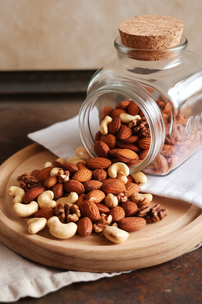 Photo prompt: An indoor glass jar spilling spiced almonds, cashews, and walnuts onto a wooden board. No text or logos.