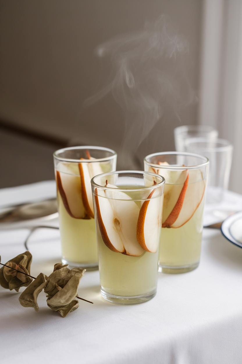 An indoor dining table with tall glasses containing sliced poached pears in pale green liquid, steam just visible—no text or logos; photo, not illustration