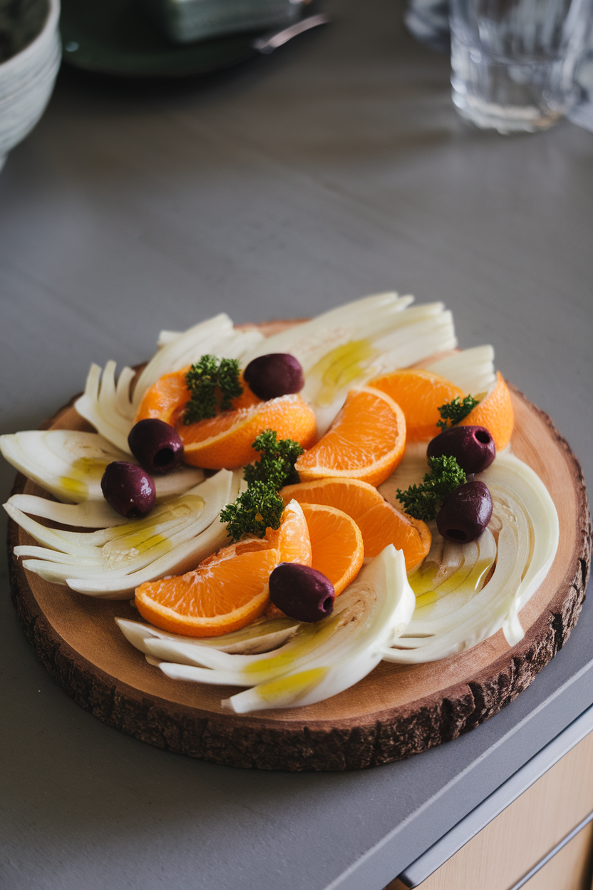 Photo of an indoor countertop displaying thin fennel slices, orange rounds, kalamata olives, and parsley on a platter, lightly drizzled with olive oil. No logos or text.