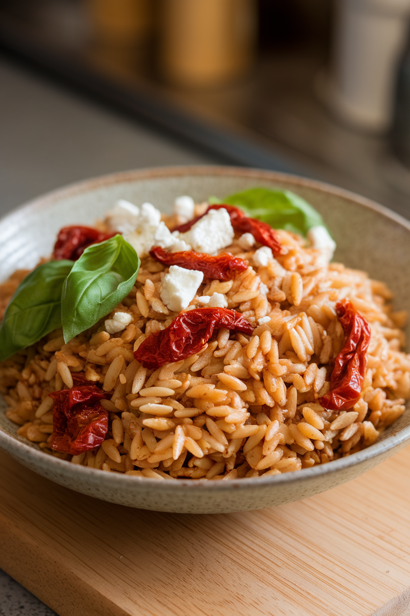 A warm indoor serving bowl of cooked whole-wheat orzo tossed with sun-dried tomatoes, basil, and feta; no text or logos.