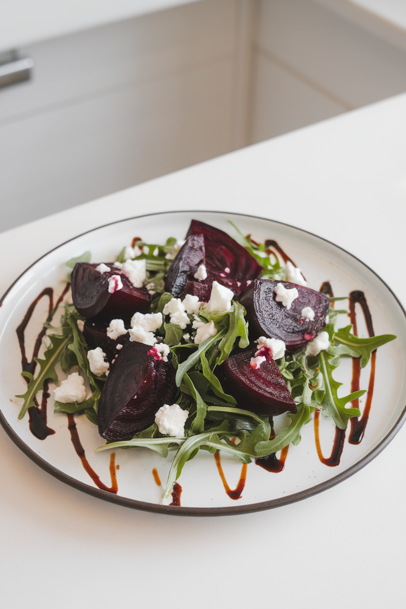 An indoor salad plate with roasted beet wedges, crumbled goat cheese, and arugula leaves drizzled with balsamic vinaigrette. No text or logos.