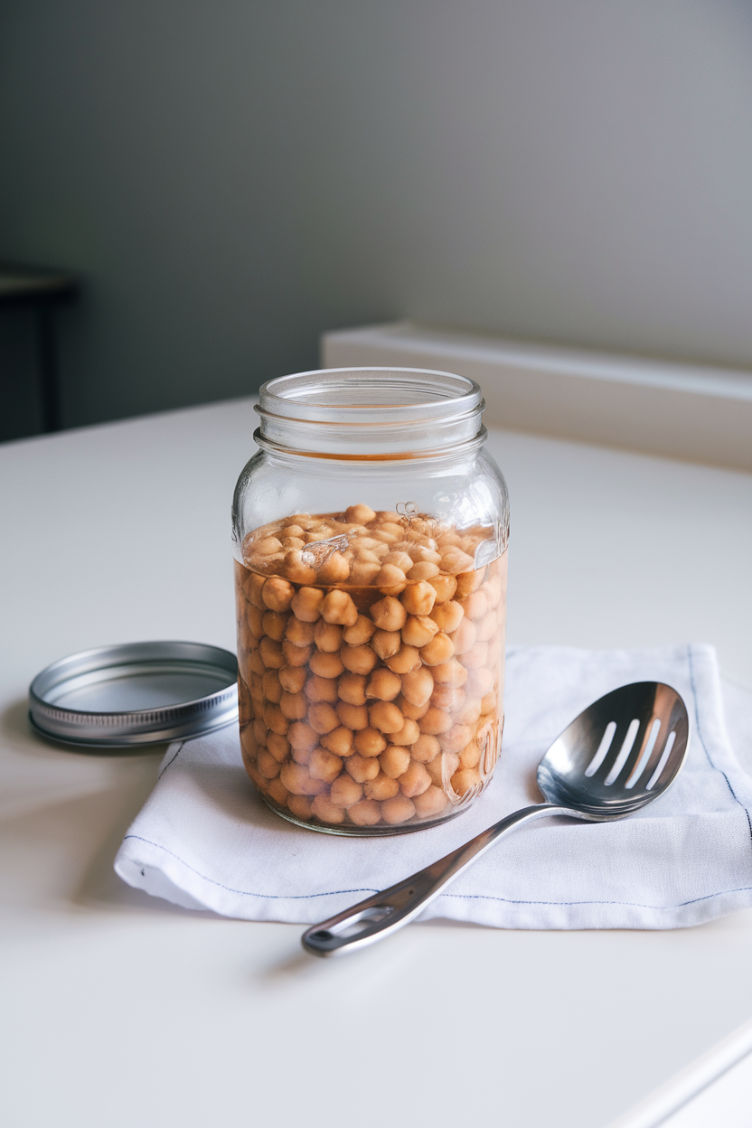 Photo, indoor counter showing a glass jar of cooked chickpeas in water, stainless slotted spoon nearby, no text or logos.