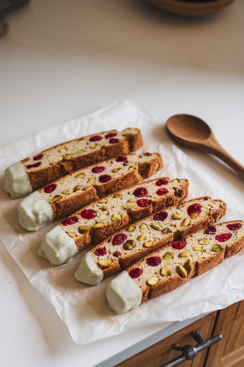 An indoor kitchen counter displaying long biscotti studded with red cranberries and green pistachios, ends dipped in white chocolate. Photo, no text or logos.