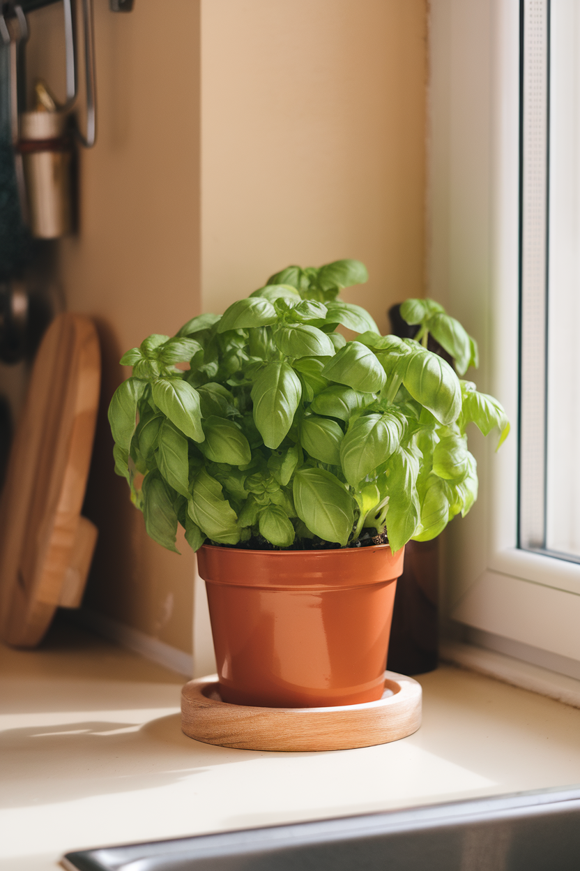An indoor herb pot on a sunny kitchen windowsill with lush green basil leaves, no text or logos.