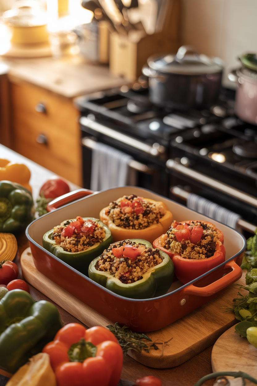 Photo of halved bell peppers filled with quinoa, black beans, and diced tomatoes in a baking dish inside a warmly lit kitchen, no text or logos