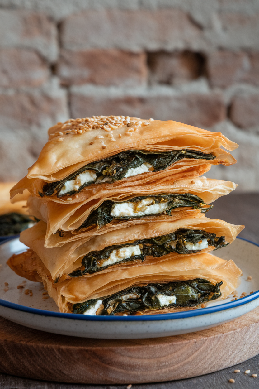 An indoor plate stacked with flaky phyllo triangles filled with spinach and feta, edges golden, no logos.