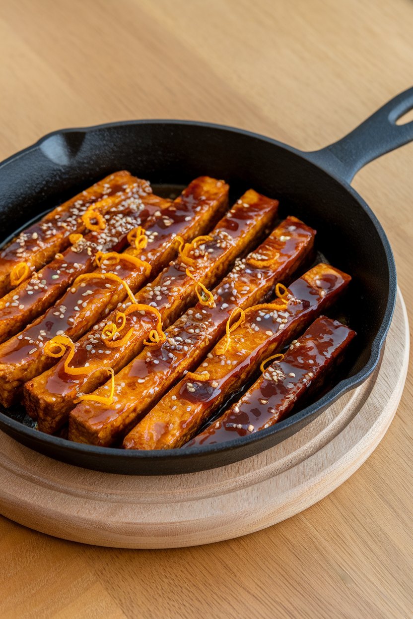 Indoor skillet of glazed tempeh strips garnished with sesame seeds and orange zest; bright indoor light, no text or logos.