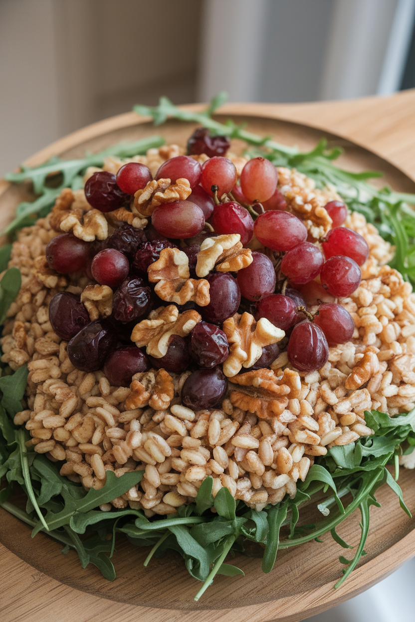 An indoor serving platter of cooked farro tossed with roasted red grapes, arugula, and walnuts. No text or logos.