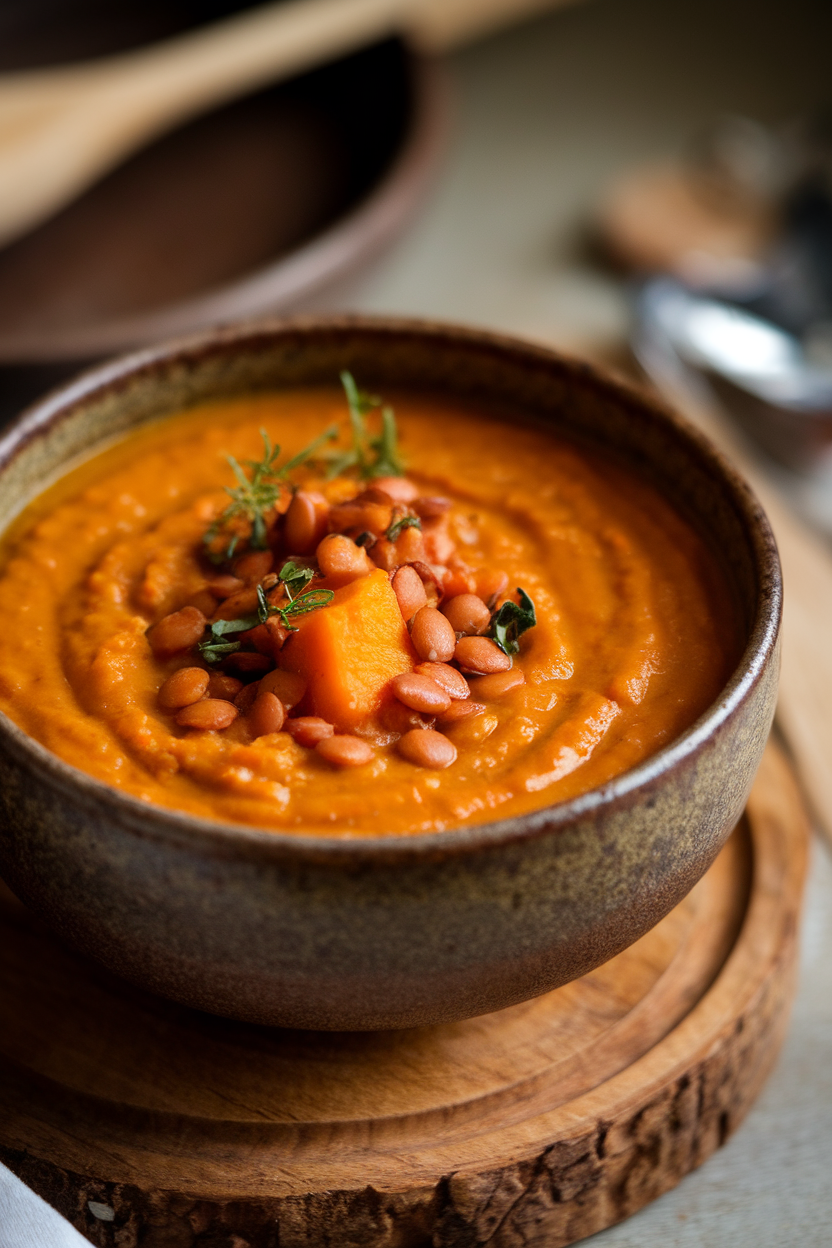Photo of hearty red lentil and sweet potato soup with visible chunks in a rustic bowl indoors. No text or logos.